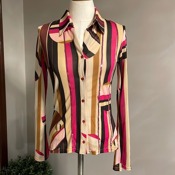 MORGAN DE TOI MYRIANA  geometrical sequin stripe button down shirt semi sheer XS - Picture 1 of 13